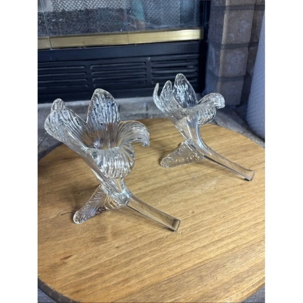 2 Vintage Clear Glass Lily Shaped Bud Vases /Candle Holders Hand Blown GIFT RARE
